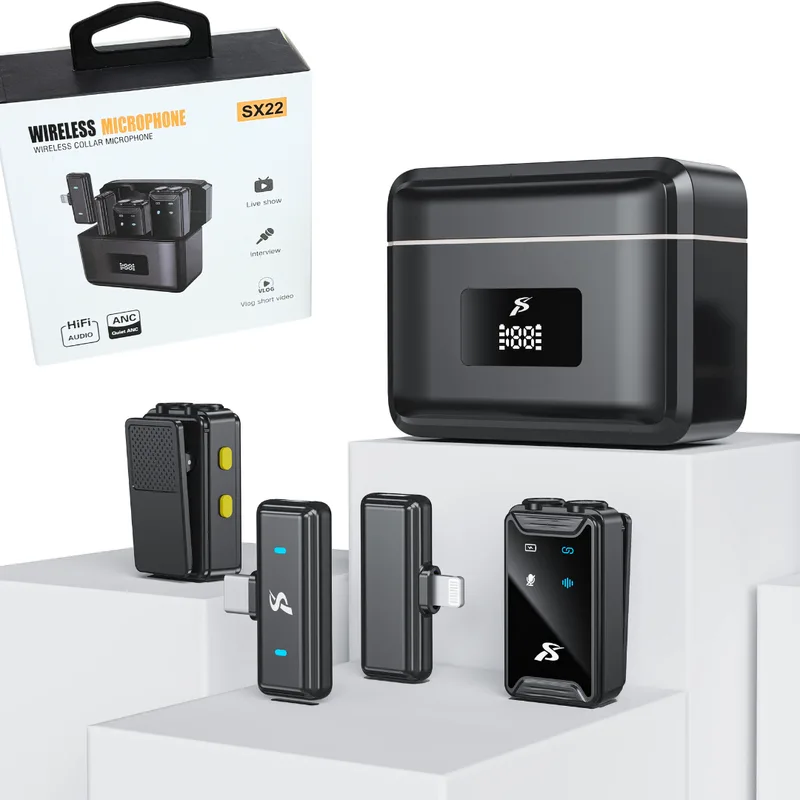 Microfono Corbatero x2 Adaptador C y Lightning Estuche Recargable SX22