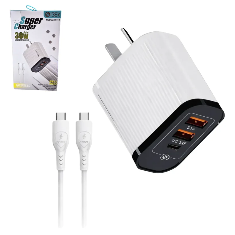 Cargador Ibek 38W 3 Puertos c/cable C a C SUPER CHARGER IB-610