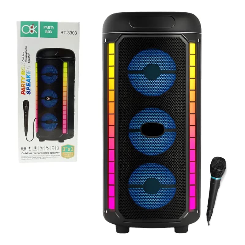 Parlante 3X3″ Bluetooth Aux c/Micrófono RGB BT-3303